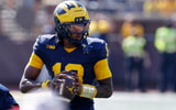 Oct 4, 2025; Ann Arbor, Michigan, USA; Michigan Wolverines quarterback Bryce Underwood (19) passes in the first half against the Wisconsin Badgers at Michigan Stadium. Mandatory Credit: Rick Osentoski-Imagn Images