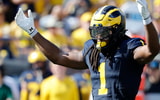 Oct 4, 2025; Ann Arbor, Michigan, USA; Michigan Wolverines linebacker Jaishawn Barham (1) reacts in the second half against the Wisconsin Badgers at Michigan Stadium. Mandatory Credit: Rick Osentoski-Imagn Images
