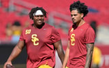 USC Trojans offensive lineman J'Onre Reed (50) quarterback Jayden Maiava (14) warm up prior to the game against the Georgia Southern Eagles at United Airlines Field at Los Angeles Memorial Coliseum