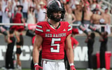 Sep 13, 2025; Lubbock, Texas, USA; Texas Tech Red Raiders defensive safety Cole Wisniewski (5) looks to the sideline in the first half during the game against the Oregon State Beavers at Jones AT&amp;T Stadium. Mandatory Credit: Michael C. Johnson-Imagn Images