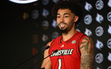 Oct 8, 2025; Charlotte, NC, USA; Louisville player J'Vonne Hadley answers questions from the media at The Hilton Charlotte Uptown. Mandatory Credit: William Howard-Imagn Images
