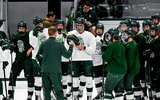 Michigan State's head coach Adam Nightingale talks to the team during hockey practice on Thursday, Sept. 25, 2025, at Munn Arena in East Lansing. - Nick King, USA TODAY Sports