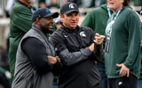 Michigan State's head coach Jonathan Smith, right, talks with UCLA's interim head coach Tim Skipper before the football game on Saturday, Oct. 11, 2025, at Spartan Stadium in East Lansing. - Nick King, USA TODAY Sports