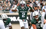 Michigan State's Aidan Chiles prepares for the snap against UCLA during the first quarter on Saturday, Oct. 11, 2025, at Spartan Stadium in East Lansing. - Nick King, USA TODAY Sports