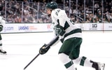 Michigan State's Patrick Geary moves the puck against New Hampshire during the first period on Thursday, Oct. 9, 2025, at Munn Ice Arena in East Lansing. - Nick King, USA TODAY Sports