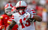 Nebraska football WR Nyziah Hunter scores one of his two TDs during the Huskers' 34-31 win over Maryland