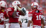 Nebraska football's Dasan McCullough (15), Andrew Marshall (10) and DeShon Singleton (8) during the Huskers' 38-27 win over Michigan State