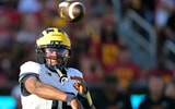 Oct 11, 2025; Los Angeles, California, USA; Michigan Wolverines quarterback Bryce Underwood (19) throws a pass in the first half against the USC Trojans at United Airlines Field at the Los Angeles Memorial Coliseum. Mandatory Credit: Jayne Kamin-Oncea-Imagn Images