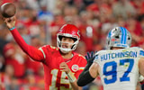 Oct 12, 2025; Kansas City, Missouri, USA; Kansas City Chiefs quarterback Patrick Mahomes (15) makes a throw against the Detroit Lions during the second half at GEHA Field at Arrowhead Stadium.