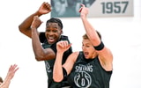 Michigan State's Cam Ward, left, and Jaxon Kohler celebrate during the first day of basketball practice on Monday, Sept. 22, 2025, at the Breslin Center in East Lansing. - Nick King, USA TODAY Sports