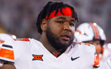 Sep 9, 2023; Tempe, Arizona, USA; Oklahoma State Cowboys offensive lineman Noah McKinney (77) against the Arizona State Sun Devils at Mountain America Stadium. Mandatory Credit: Mark J. Rebilas-Imagn Images