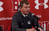 Michigan State HC Adam Nightingale speaks to media after Spartan victory over Boston University on Friday evening
