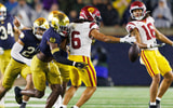 Notre Dame safety Adon Shuler, left, knocks the ball out of the hand of Southern California wide receiver Makai Lemon (6) in the second half of a NCAA football game at Notre Dame Stadium on Saturday, Oct. 18, 2025, in South Bend