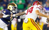 Notre Dame linebacker Jaylen Sneed (3) rushes USC quarterback Jayden Maiava (14) in the first half of a NCAA football game at Notre Dame Stadium on Saturday, Oct. 18, 2025, in South Bend