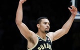 Purdue Boilermakers forward Trey Kaufman-Renn (4) pumps up the crowd Saturday, March 29, 2025, during the NCAA Tournament Sweet 16 game against the Houston Cougars at Lucas Oil Stadium in Indianapolis. Houston Cougars won 62-60. © Alex Martin/Journal and Courier / USA TODAY NETWORK via Imagn Images