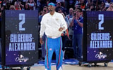 Oct 21, 2025; Oklahoma City, Oklahoma, USA; Oklahoma City Thunder guard Shai Gilgeous-Alexander walks onto the court during the championship ring and banner ceremony before the start of their game against the Houston Rockets at Paycom Center. Mandatory Credit: Alonzo Adams-Imagn Images