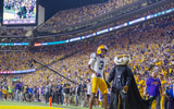 Sep 13, 2025; Baton Rouge, Louisiana, USA; LSU Tigers cornerback DJ Pickett (3) reacts to intercepting the ball from Florida Gators quarterback DJ Lagway (not pictured) during the second half at Tiger Stadium. Mandatory Credit: Stephen Lew-Imagn Images