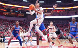 Louisville Cardinals guard Mikel Brown Jr. (0) goes for two of his 10 points in the Cards 90-82 loss against visiting Kansas in the exhibition game at the KFC Yum! Center in Louisville, Kentucky Friday, October 24, 2025.