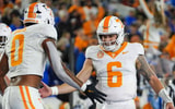 Angelina Alcantar/News Sentinel / USA TODAY NETWORK via Imagn Images | Tennessee quarterback Joey Aguilar (6) and Tennessee tight end Ethan Davis (0) celebrate after a touchdown during a NCAA football game against Kentucky at Kroger Field in Lexington, Kentucky on Oct. 25, 2025.