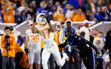 Oct 25, 2025; Lexington, Kentucky, USA; Tennessee Volunteers wide receiver Chris Brazzell II (17) catches a pass during the third quarter against the Kentucky Wildcats at Kroger Field. Mandatory Credit: Jordan Prather-Imagn Images