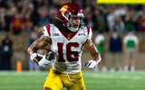 USC Trojans wide receiver Tanook Hines (16) runs the ball against the Notre Dame Fighting Irish during the first half at Notre Dame Stadium