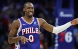 Oct 27, 2025; Philadelphia, Pennsylvania, USA; Philadelphia 76ers guard Tyrese Maxey (0) reacts after scoring against the Orlando Magic during the fourth quarter at Xfinity Mobile Arena. Mandatory Credit: Bill Streicher-Imagn Images