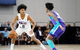 Dec 22, 2022; Las Vegas, NV, USA; NBA G League Ignite guard London Johnson (2) dribbles the ball against Greensboro Swarm guard Kobi Simmons (2) during the first half at Mandalay Bay Convention Center. Mandatory Credit: Lucas Peltier-Imagn Images