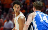Saul Young/News Sentinel / USA TODAY NETWORK via Imagn Images | Tennessee forward Nate Ament (10) with the ball while guarded by Duke guard/forward Nikolas Khamenia (14) during a college basketball exhibition game on October 26, 2025, in Knoxville, Tenn.