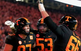 Angelina Alcantar/USA TODAY Network via Imagn Images | Nov 2, 2024; Knoxville, Tennessee, USA; Tennessee tight end Miles Kitselman (87) celebrates with offensive lineman Lance Heard (53) and offensive lineman Dayne Davis (66) after scoring a touchdown against the Kentucky Wildcats during the first half at Neyland Stadium. Mandatory Credit: Angelina Alcantar/USA TODAY Network via Imagn Images