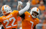 Sep 6, 2025; Knoxville, Tennessee, USA; Tennessee Volunteers linebacker Jeremiah Telander (22) and  linebacker Arion Carter (7) react to a play against the East Tennessee State Buccaneers during the second half at Neyland Stadium. Mandatory Credit: Randy Sartin-Imagn Images