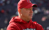 Nov 1, 2025; Blacksburg, Virginia, USA; Louisville Cardinals head coach Jeff Brohm looks on before the game against the Virginia Tech Hokies at Lane Stadium. Mandatory Credit: Brian Bishop-Imagn Images