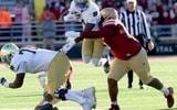 BC's Kwan Williams makes a tackle during a 25-10 loss to Notre Dame (11/1/25) by Mark Stockwell/AP