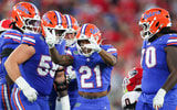 Nov 1, 2025; Jacksonville, Florida, USA; Florida Gators running back KD Daniels (21) celebrates a play in the second half against the Georgia Bulldogs at EverBank Stadium. Mandatory Credit: Matt Pendleton-Imagn Images