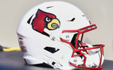 Nov 1, 2025; Blacksburg, Virginia, USA; A Louisville Cardinals football helmet is seen before the game against the Virginia Tech Hokies at Lane Stadium. Mandatory Credit: Brian Bishop-Imagn Images