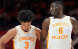 Saul Young/News Sentinel / USA TODAY NETWORK via Imagn Images | Tennessee forward DeWayne Brown II (6) and guard Bishop Boswell (3) confer during the college basketball exhibition game against Duke on October 26, 2025, in Knoxville, Tenn.