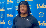 UCLA running back Jalen Berger talks with reporters after practice on Nov. 5, 2025. (Tracy McDannald | BruinBlitz)