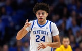 Nov 7, 2025; Lexington, Kentucky, USA; Kentucky Wildcats center Malachi Moreno (24) celebrates after making a basket during the first half against the Valparaiso Beacons at Rupp Arena at Central Bank Center. Mandatory Credit: Jordan Prather-Imagn Images