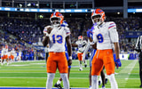 Nov 8, 2025; Lexington, Kentucky, USA; Florida Gators running back Jadan Baugh (13) celebrates with wide receiver J. Michael Sturdivant (9) after scoring a touchdown during the first quarter against the Kentucky Wildcats at Kroger Field. Mandatory Credit: Jordan Prather-Imagn Images