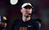 USC Trojans head coach Lincoln Riley watches game action against the Northwestern Wildcats during the second half at the Los Angeles Memorial Coliseum