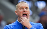Kentucky Wildcats head coach Mark Pope watches as the Cards go up on Kentucky in the first half during the UofL-UK annual rivalry game at the KFC Yum! Center in Louisville, Kentucky Nov. 11, 2025. © Matt Stone/Courier Journal / USA TODAY NETWORK via Imagn Images