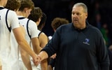 Nov 11, 2025; South Bend, Indiana, USA; Eastern Illinois Panthers head coach Marty Simmons shakes hands with Notre Dame Fighting Irish players after the second half at Purcell Pavilion at the Joyce Center. Mandatory Credit: Michael Caterina-Imagn Images