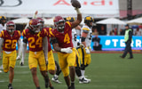 USC Trojans defensive tackle Jahkeem Stewart celebrates after an interception against the Iowa Hawkeyes