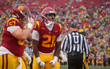 USC Trojans running back Bryan Jackson celebrates after scoring a touchdown against the Iowa Hawkeyes