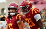 USC Trojans wide receiver Makai Lemon (6) celebrates his touchdown scored against the Iowa Hawkeyes with running back Bryan Jackson (21) during the second half at the Los Angeles Memorial Coliseum