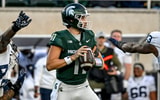 Michigan State's Alessio Milivojevic looks to throw against Penn State during the second quarter on Saturday, Nov. 15, 2025, at Spartan Stadium in East Lansing. - Nick King, USA TODAY Sports