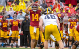 USC Trojans quarterback Jayden Maiava signals to his receivers before a play against the Iowa Hawkeyes