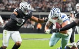 Nov 17, 2025; Paradise, Nevada, USA; Dallas Cowboys running back Hunter Luepke (40) is tackled by Las Vegas Raiders defensive end Tyree Wilson (9) and linebacker Devin White (45) at Allegiant Stadium