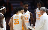 Nov 17, 2025; Knoxville, Tennessee, USA; Tennessee Volunteers head coach Rick Barnes speaks to his team during the first half against the Rice Owls at Thompson-Boling Arena at Food City Center. Mandatory Credit: Randy Sartin-Imagn Images