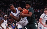 Kentucky Wildcats forward Brandon Garrison (10) and Michigan State Spartans forward Cameron Ward (3) battle for a rebound during the first half at Madison Square Garden. - Vincent Carchietta, USA TODAY Sports