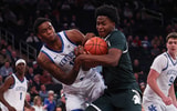 Nov 18, 2025; New York, New York, USA; Kentucky Wildcats forward Brandon Garrison (10) and Michigan State Spartans forward Cameron Ward (3) battle for a rebound during the first half at Madison Square Garden. Mandatory Credit: Vincent Carchietta-Imagn Images